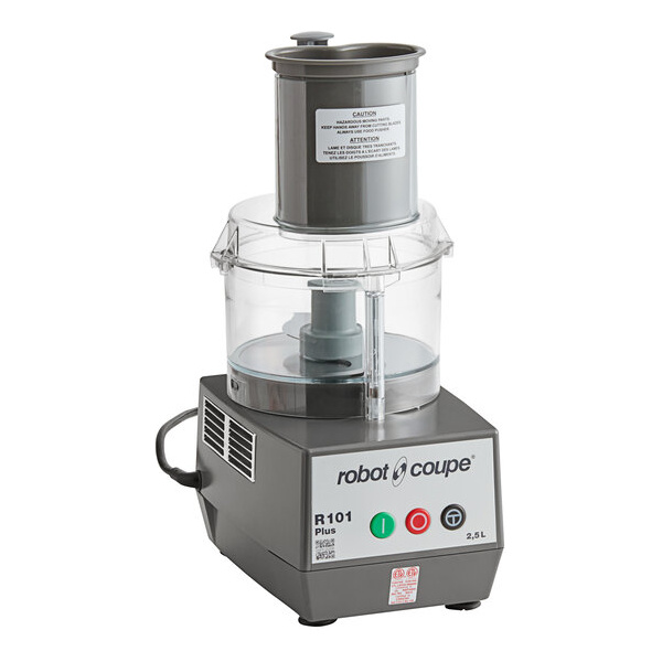 Robot Coupe R101PPLUS 2 Qt. / 1.9 Liter Clear Batch Bowl Food Processor with Vegetable Prep Lid Chute & 5 Discs - 3/4 hp