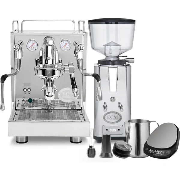 ECM Mechanika Max Heat Exchanger (HX) Espresso Machine with PID, ECM S-Automatik 64 Burr Grinder (Stainless Steel) & Barista Tools