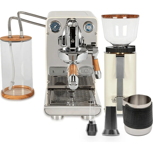ECM Puristika Semi Automatic Espresso Machine (Cream), ECM C-Manuale 54 Burr Grinder (Cream) & Accessories