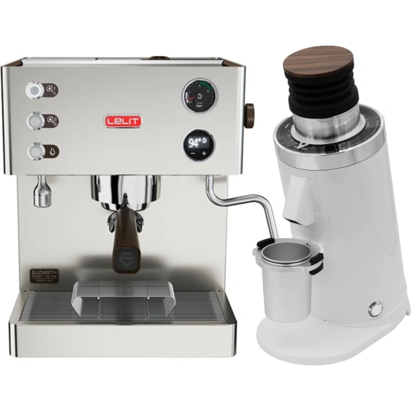 Lelit Elizabeth V3 Semi-Automatic Espresso Machine PL92T (Stainless Steel) & DF64 Gen 2 Grinder w/ DLC Burrs (White)