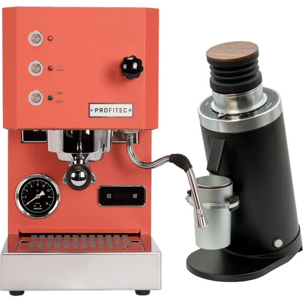 Profitec Go (Red) Espresso Machine & DF64 Gen2 Grinder w/ DLC Burrs (Black)
