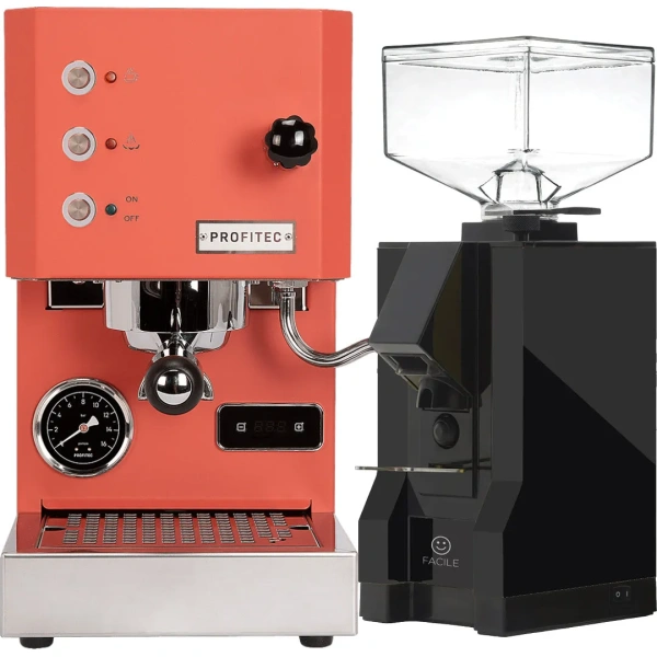 Profitec Go (Red) Espresso Machine & Eureka Mignon Facile Grinder (Black)