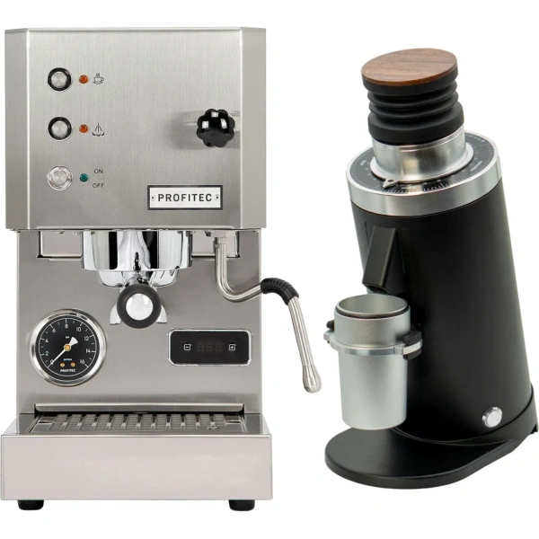 Profitec Go (Stainless Steel) Espresso Machine & DF64 Gen 2 Grinder w/ DLC Burrs (Black)