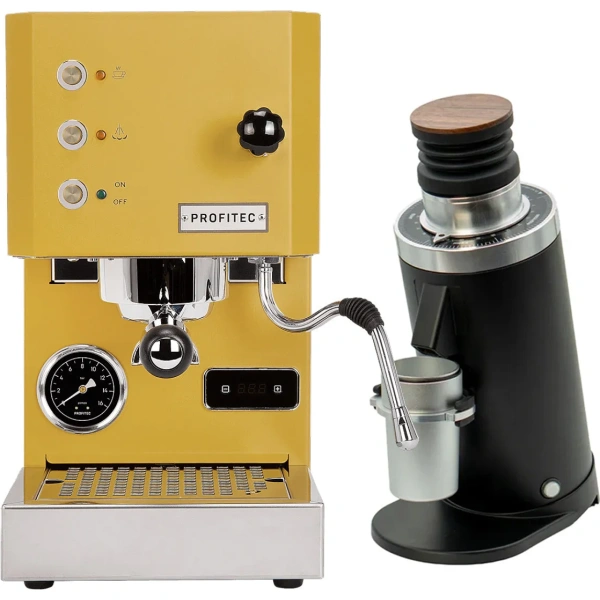 Profitec Go (Yellow) Espresso Machine & DF64 Gen 2 Grinder w/ DLC Burrs (Black)