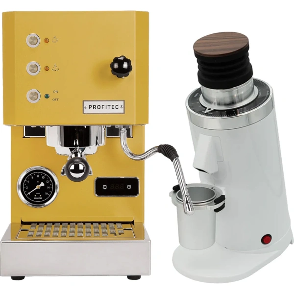 Profitec Go (Yellow) Espresso Machine & DF64 Gen 2 Grinder w/ DLC Burrs (White)