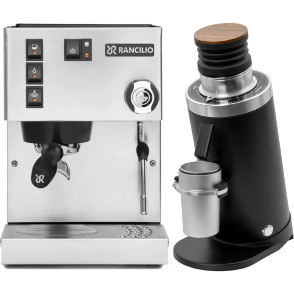 Rancilio Silvia M V6 Espresso Machine (Silver Stainless Steel) and DF64 Gen 2 Grinder w/ DLC Burrs (Black)