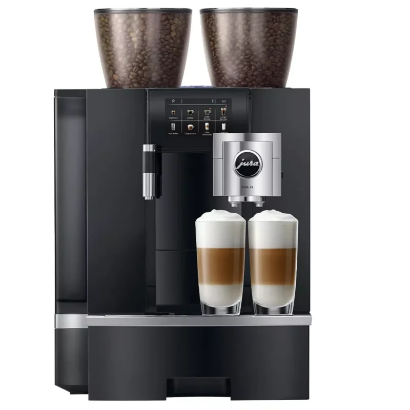 JURA GIGA X8 Professional Espresso Machine with dual bean hoppers on a modern office countertop.